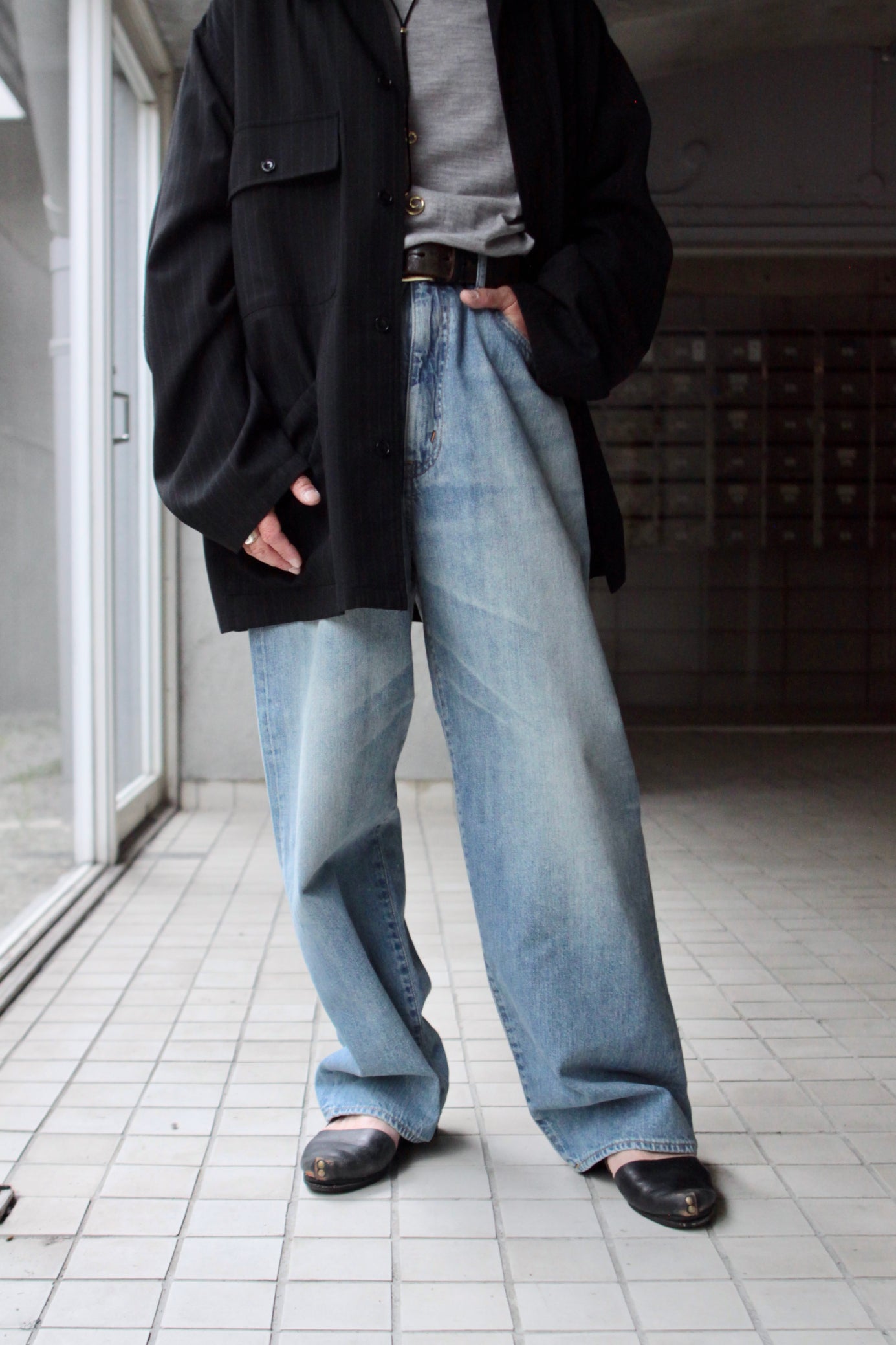 awasa / selvage light oz denim 5 pocket wide pants(indigo fade)