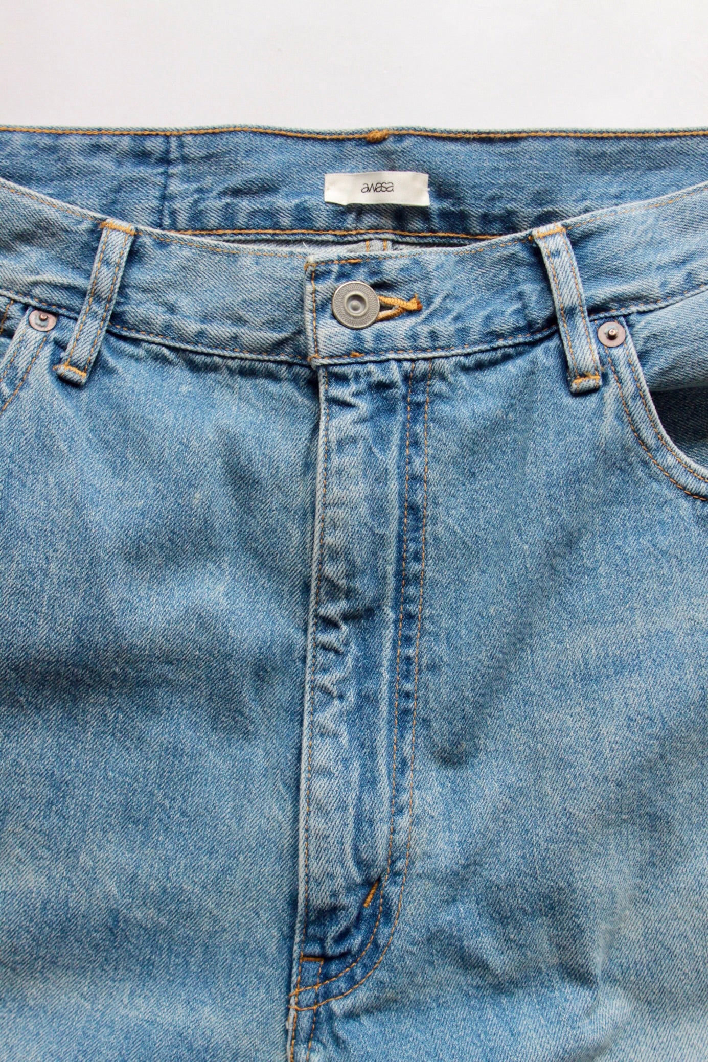 awasa / selvage light oz denim 5 pocket wide pants(indigo fade)