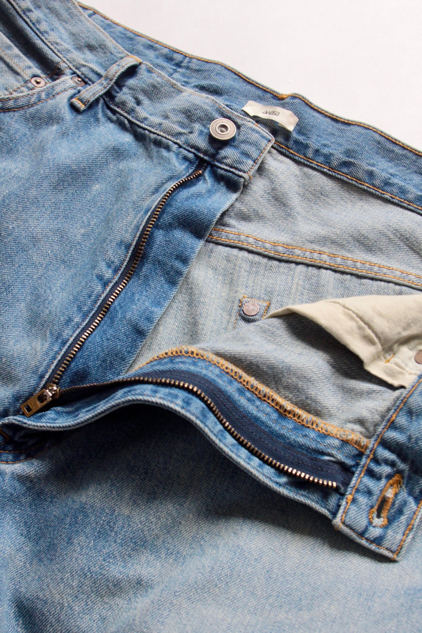awasa / selvage light oz denim 5 pocket wide pants(indigo fade)